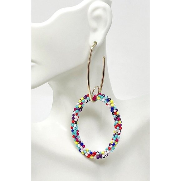 Gold Tone Multi Color Beaded Large Hoop Dangle /Drop Boho Pierced Earrings - Picture 1 of 4